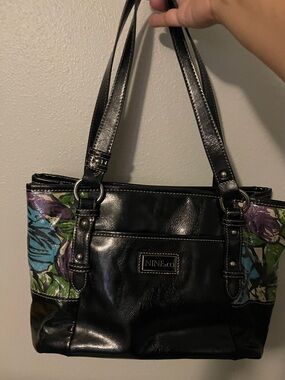 Nine & Co. Black Tote with Blue, Purple & Green Floral Panels